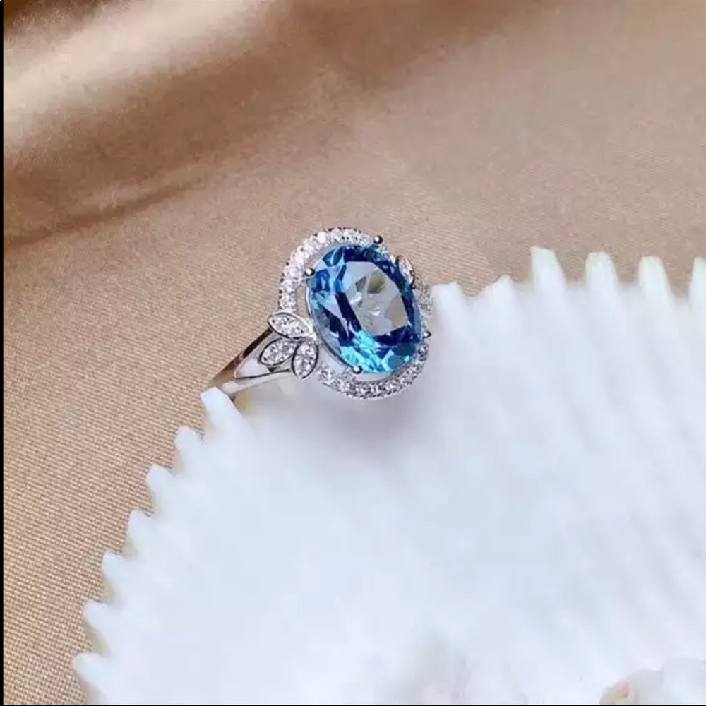 New 925 Silver Dainty Leafs Circle Sapphire Ring - Picture 6 of 6
